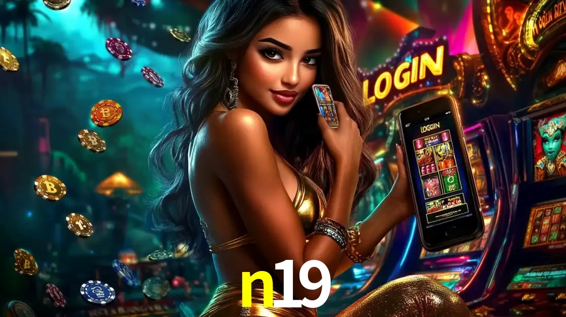 Mulher em um cenário de cassino temático de aventura, mostrando o app de caça-níqueis da n19 no celular. Fichas de apostas flutuam ao redor.