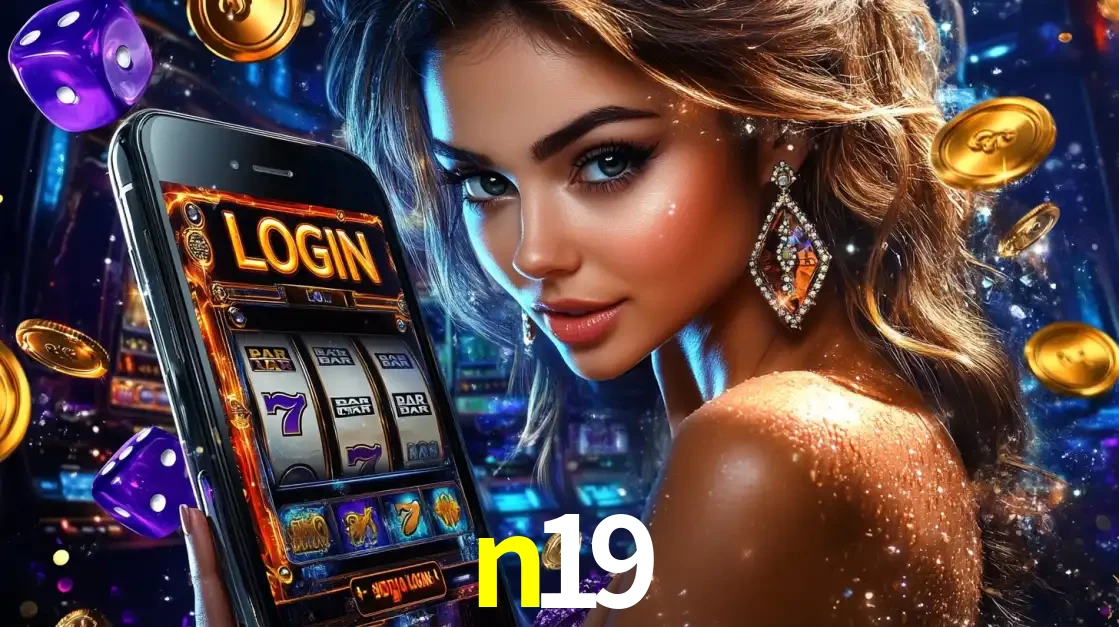 Mulher glamorosa segurando um smartphone com a tela de login para os jogos de caça-níqueis do cassino online n19, com moedas de ouro e dados ao redor.