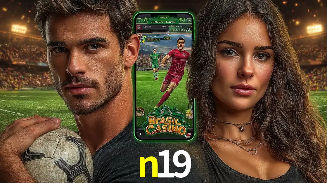 Homem segurando uma bola de futebol e uma mulher ao lado de um smartphone exibindo o jogo de apostas esportivas da n19. Faça seu palpite no cassino online.